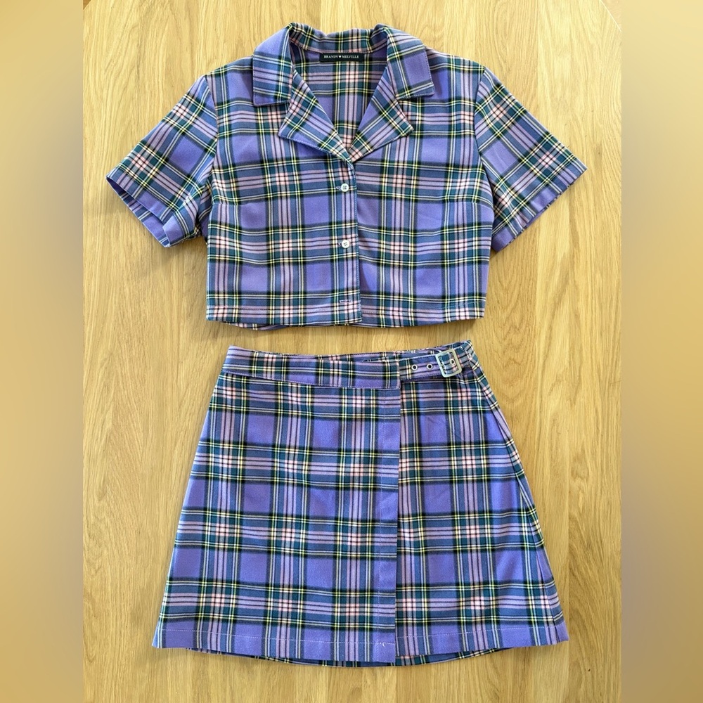Brandy Melville Cara Skirt & Vivian Top Purple Plaid Matching Set Y2K